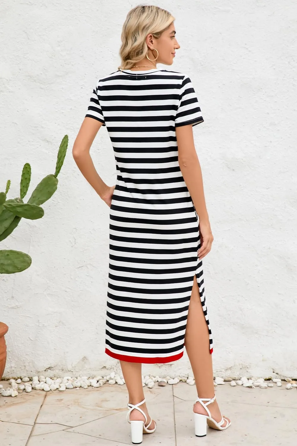 Naggoo Womens V Neck Striped Midi Dress Short Sleeve Split Summer Casual Beach T Shirt Dresses with Pockets
