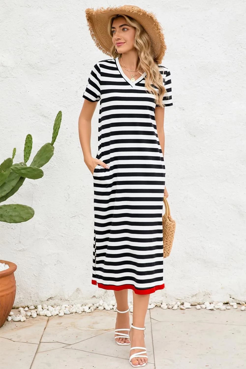 Naggoo Womens V Neck Striped Midi Dress Short Sleeve Split Summer Casual Beach T Shirt Dresses with Pockets