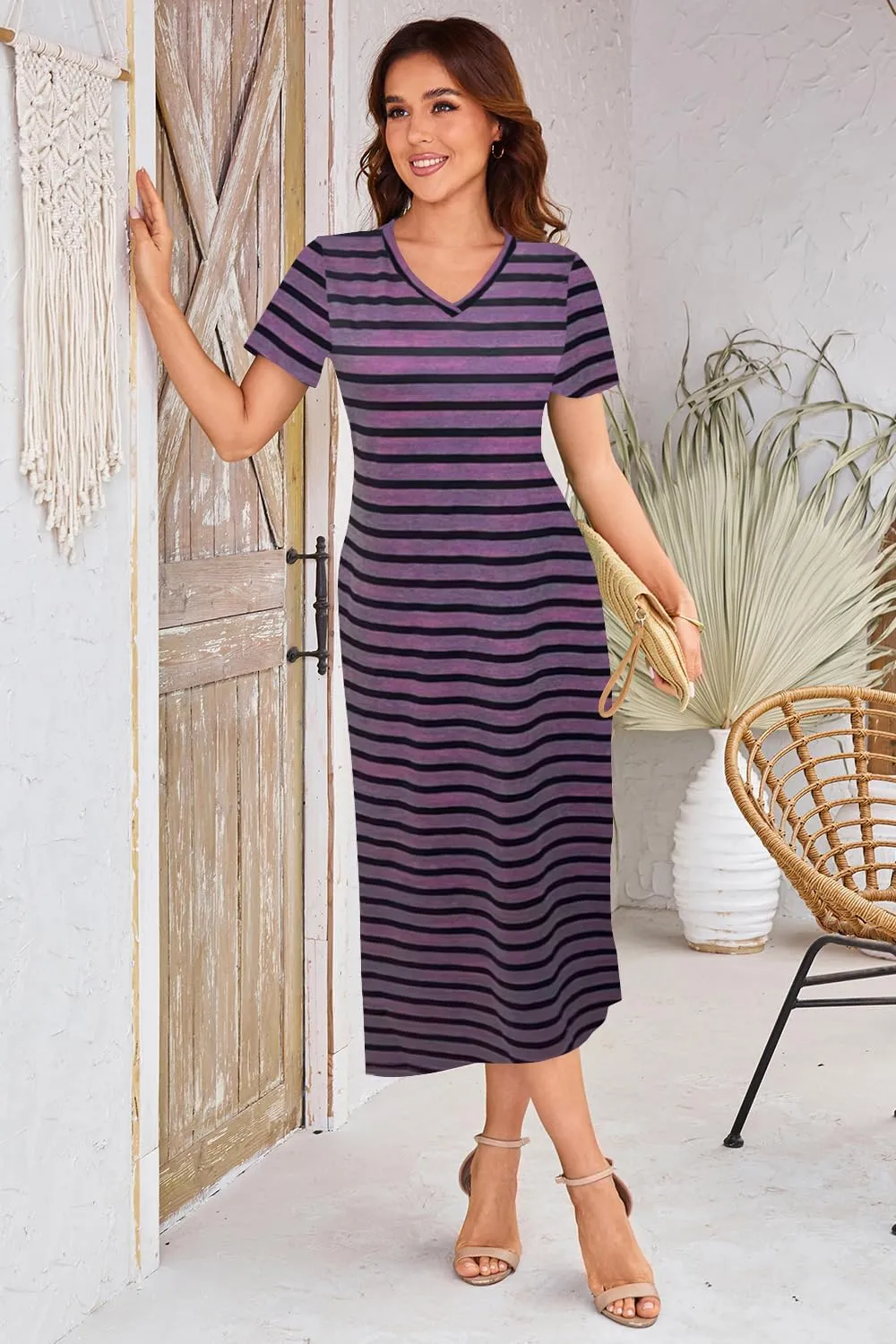 Naggoo Womens V Neck Striped Midi Dress Short Sleeve Split Summer Casual Beach T Shirt Dresses with Pockets