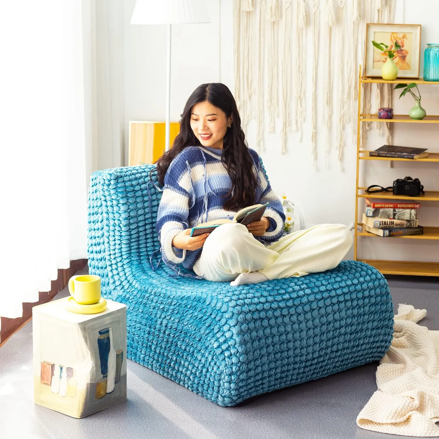 N&V Single Seated Foam Sofa, Armless Floor Sofa, One Piece High Density Foam, Removable and Machine Washable Cover, Blue