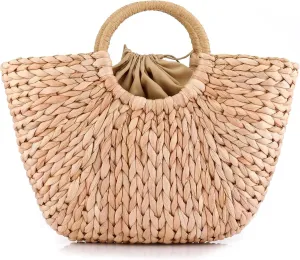 Natural Chic Straw Bag Hand Woven Round Handle Handbags Retro Summer Beach Bag（ Brown 3 One Size）