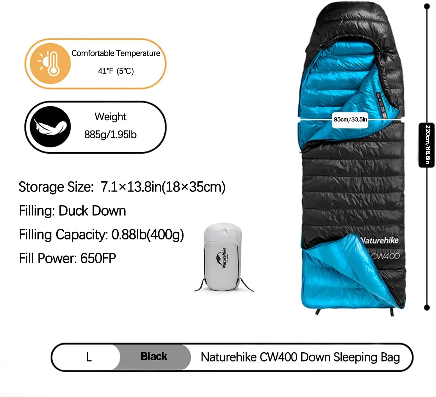 Naturehike Ultralight Down Cold Weather Sleeping Bag, 650FP Compact Sleeping Bag 3-4 Season for Adults & Kids, Backpacking, Camping, Hiking, Traveling with Compression Sack