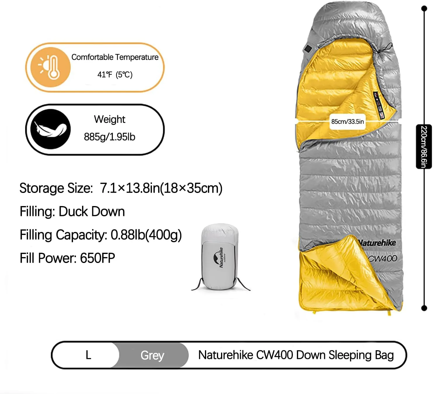 Naturehike Ultralight Down Cold Weather Sleeping Bag, 650FP Compact Sleeping Bag 3-4 Season for Adults & Kids, Backpacking, Camping, Hiking, Traveling with Compression Sack