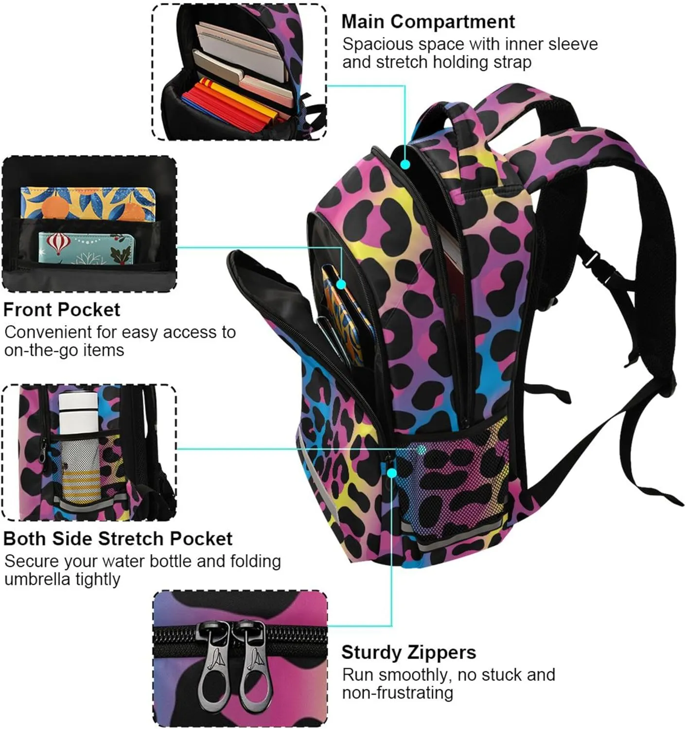 Neon Leopard Printing Backpack for Student Kids Rucksack Boys Girls School Bag Travel Daypack