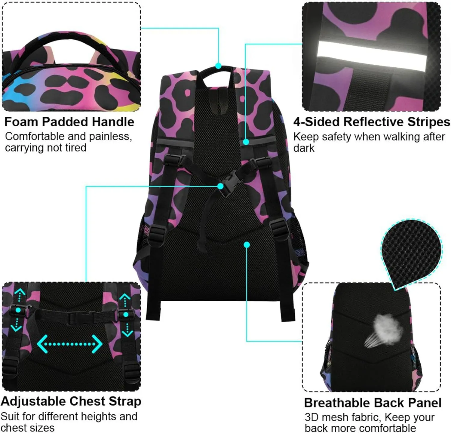 Neon Leopard Printing Backpack for Student Kids Rucksack Boys Girls School Bag Travel Daypack