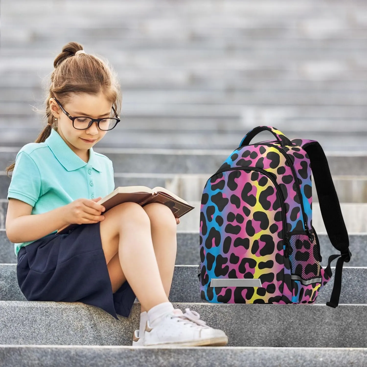 Neon Leopard Printing Backpack for Student Kids Rucksack Boys Girls School Bag Travel Daypack