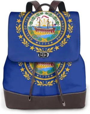 New Hampshire State Flag Print Leather Backpack Bags For Women Fashion Shoulder Bags Large Travel Hiking Daypacks