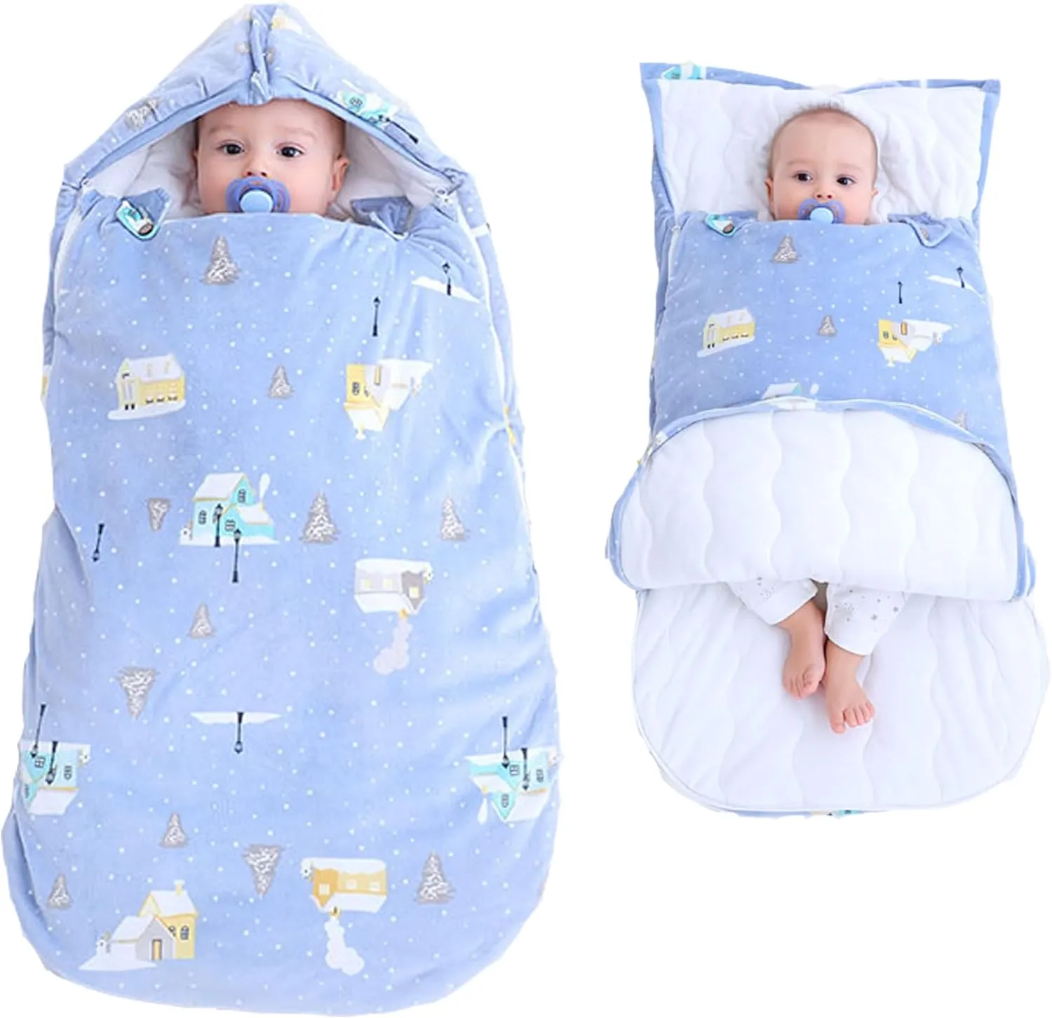 Newborn Baby Infant Sleep Sack Swaddle Blanket,Outdoor Baby Stroller Sleep Sack for Cold Weather,Fleece Plush Swaddle for Newborn Zipper,Baby Sleeping Bag for Travel(0-6 Months,Blue)