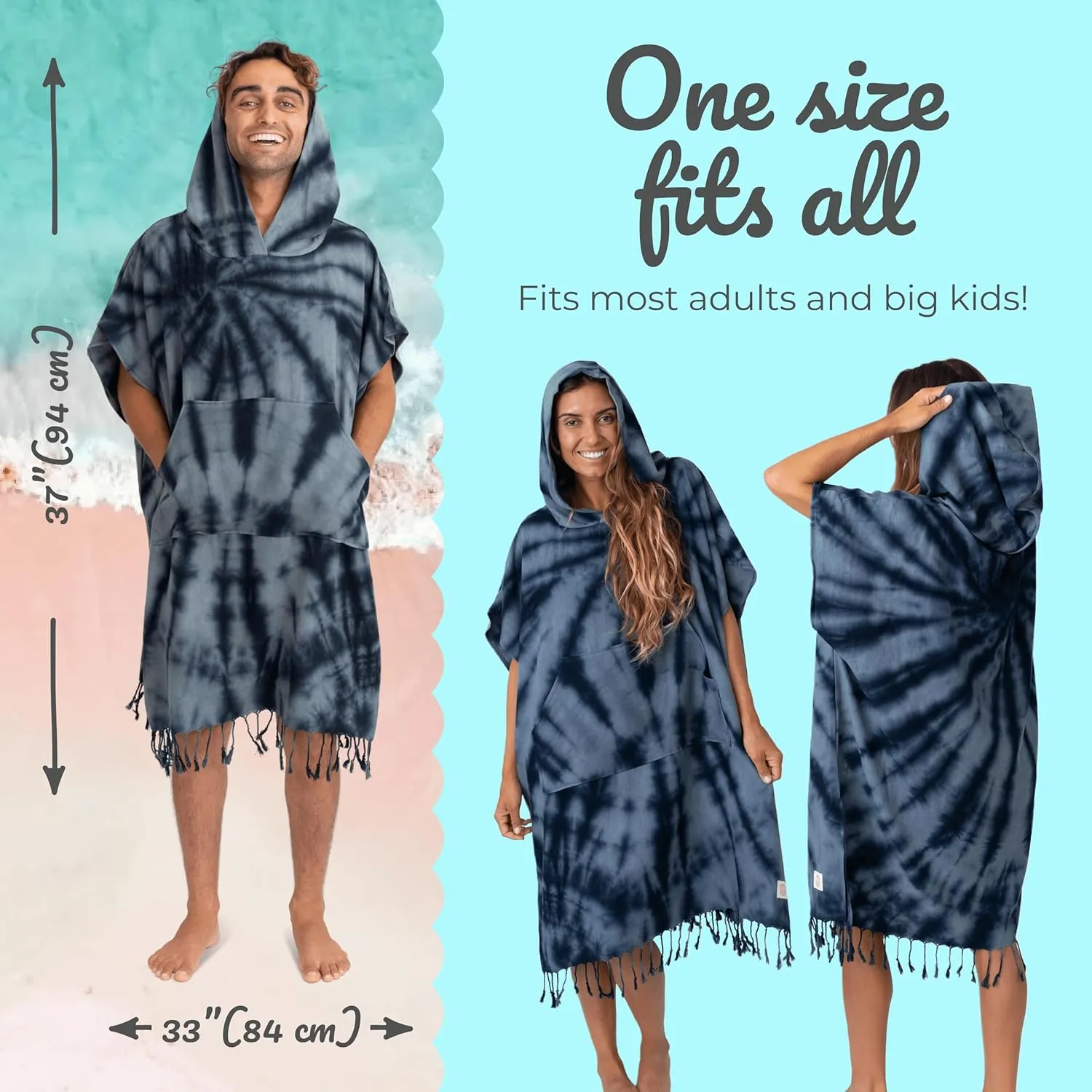 Nova Blue Surf Poncho – Large Changing Towel (33 x 37) – 100% Cotton Hooded Towel Adult for Surf Beach Pool and Swim (Black tie-dye)