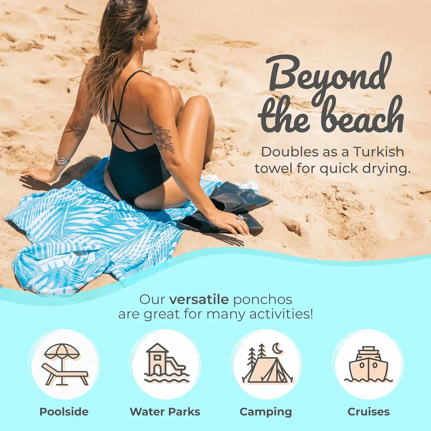 Nova Blue Surf Poncho – Large Changing Towel (33 x 37) – 100% Cotton Hooded Towel Adult for Surf Beach Pool and Swim (Black tie-dye)