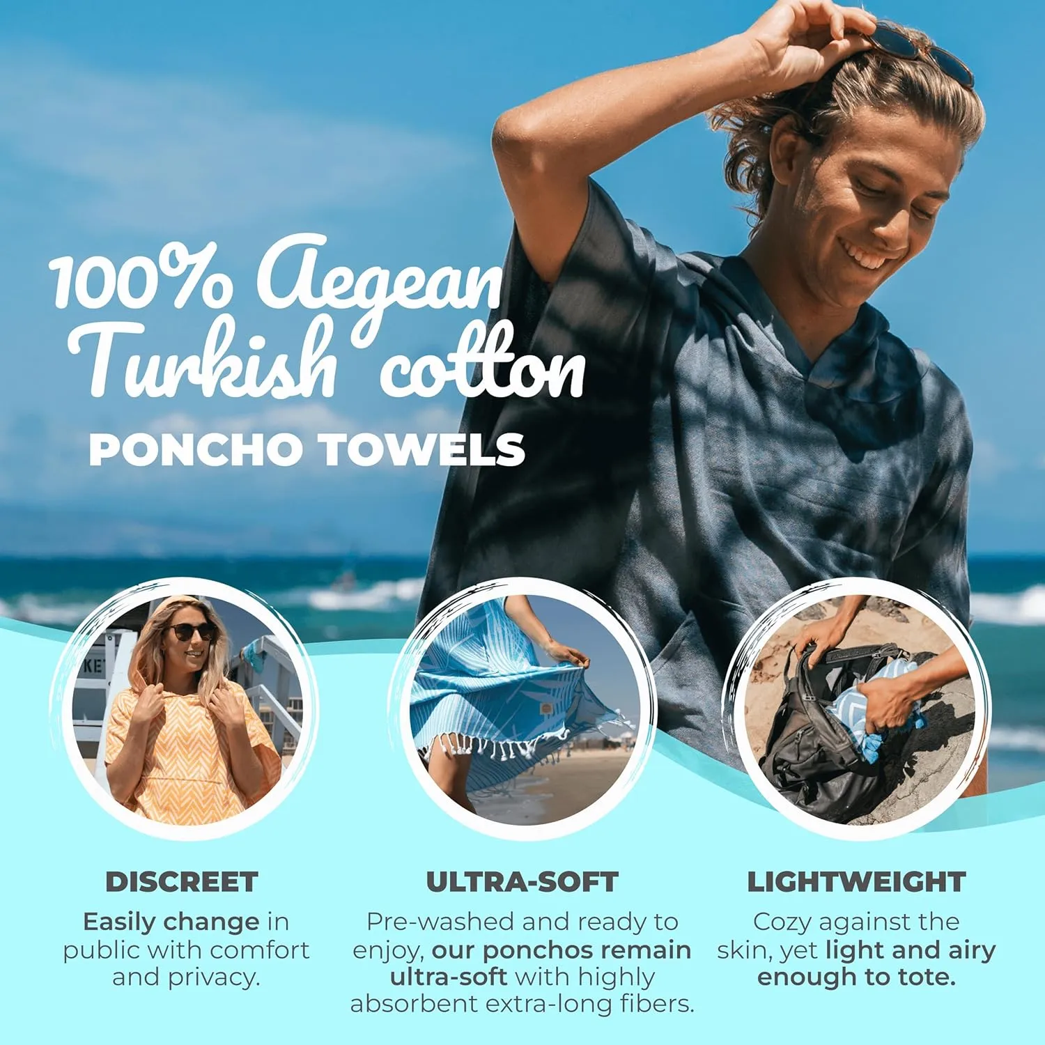 Nova Blue Surf Poncho – Large Changing Towel (33 x 37) – 100% Cotton Hooded Towel Adult for Surf Beach Pool and Swim (Black tie-dye)