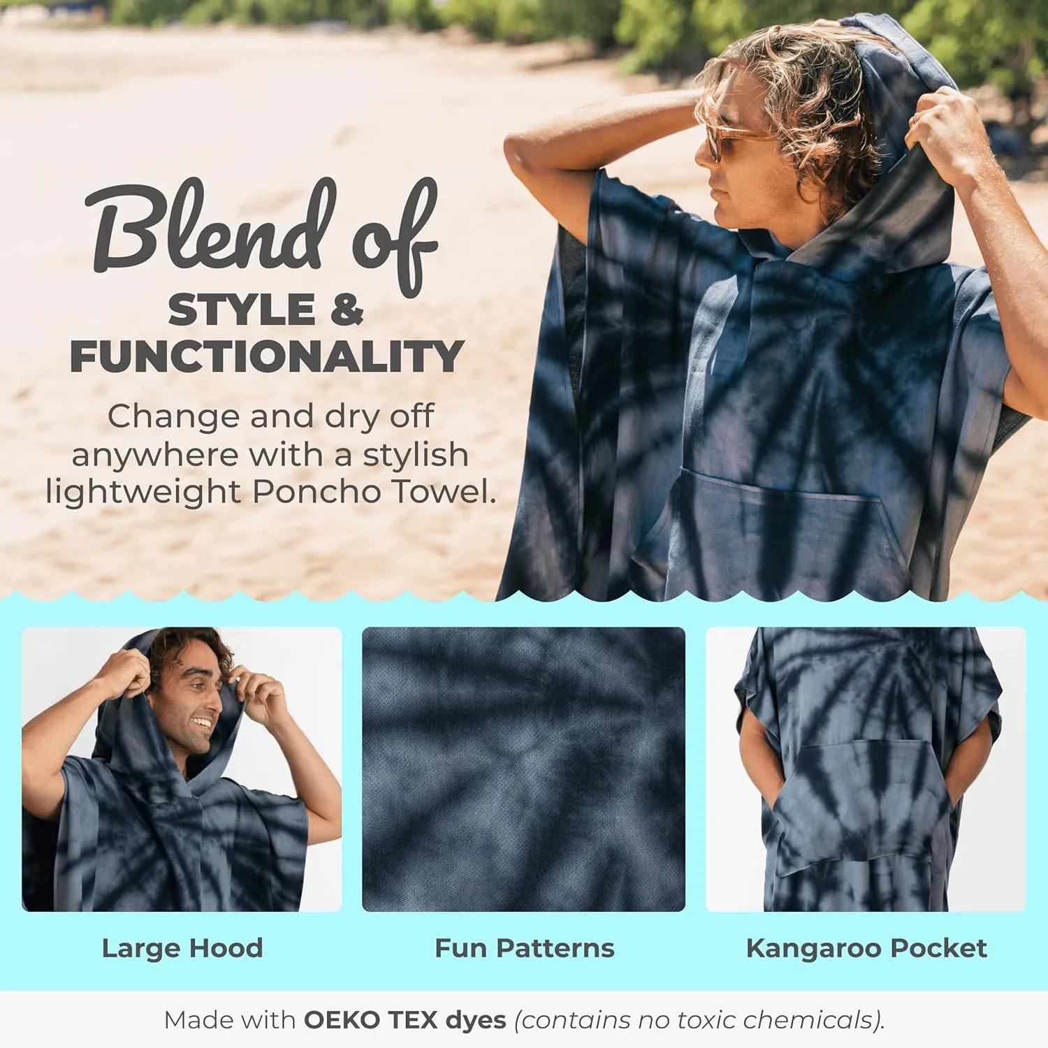 Nova Blue Surf Poncho – Large Changing Towel (33 x 37) – 100% Cotton Hooded Towel Adult for Surf Beach Pool and Swim (Black tie-dye)