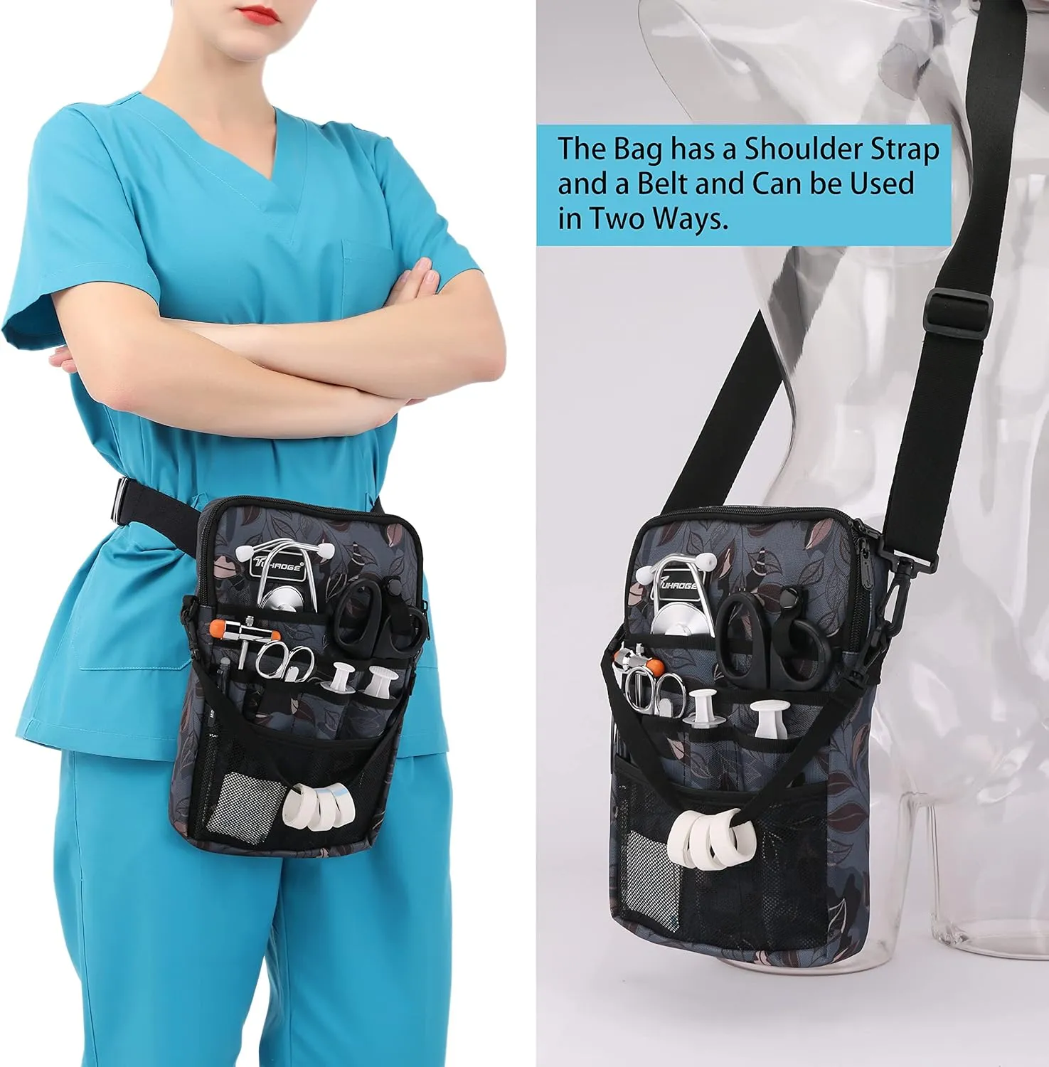 Nurse Fanny Pack with Tape Holder, Nurse Pocket Organizer for Medical Professionals，12 Pockets Nurse Waist Bag（THHS-KB-Ash Leaves）