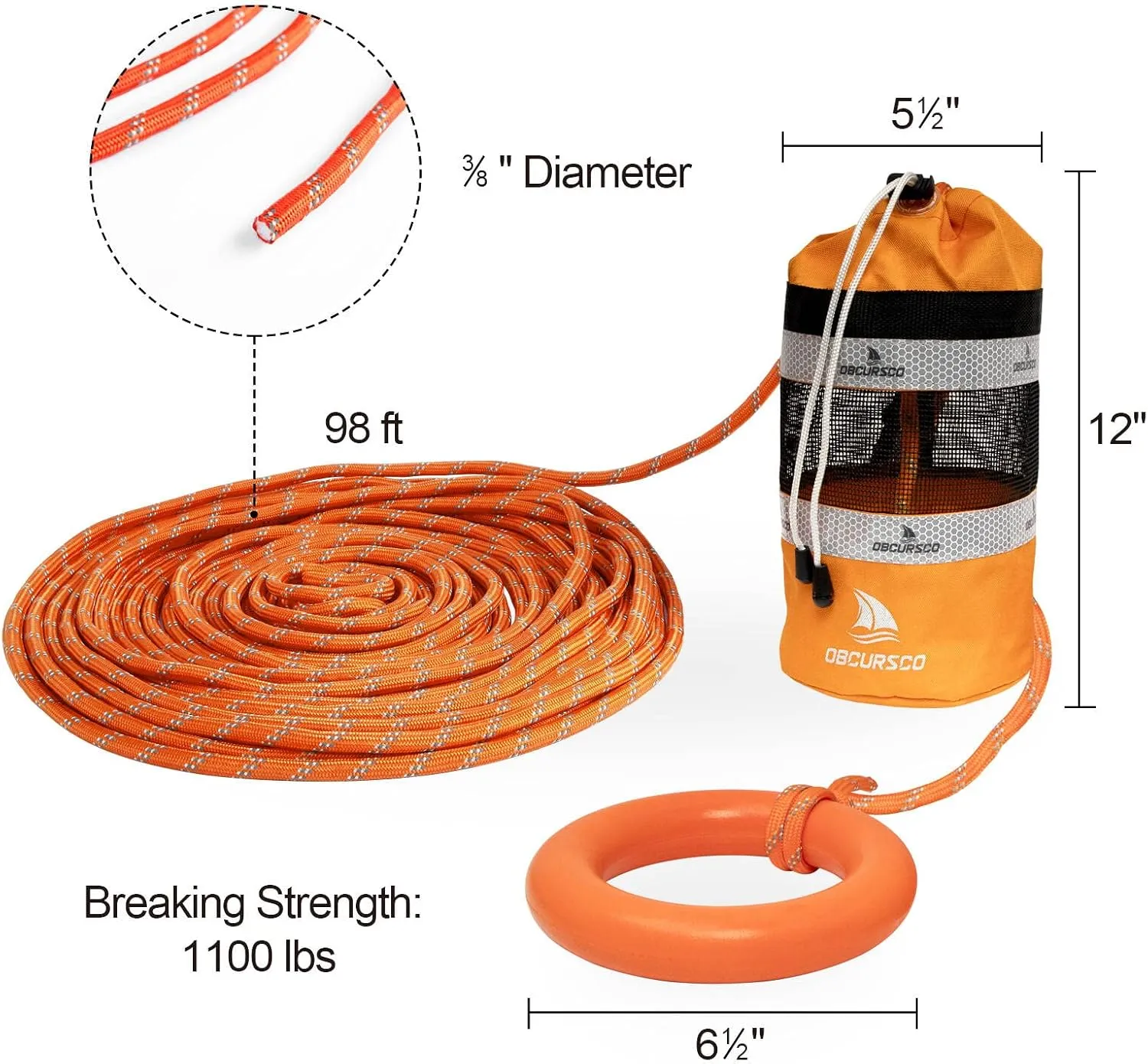 Obcursco Throw Bags for Water Rescue with Reflective Throw Rope, Floating Bag for Kayaking, Whitewater Boating, Rafting, Ice Fishing, Swimming (50ft-98ft)