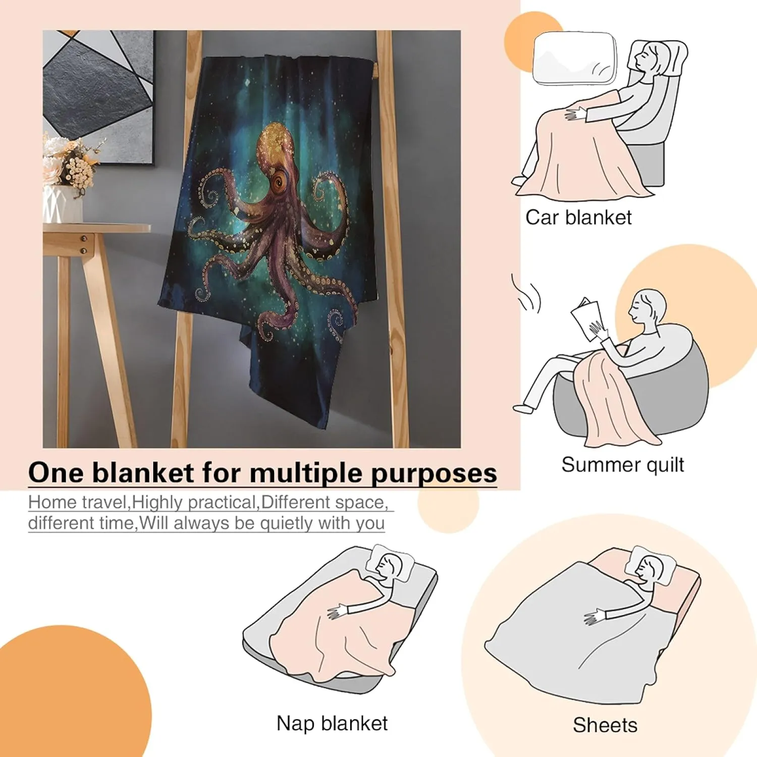 Octopus Fleece Throw Blanket Lightweight Super Soft Flannel Bed Blanket Perfect Home Decor for Couch Chair Sofa Living Room 50"X40" Small