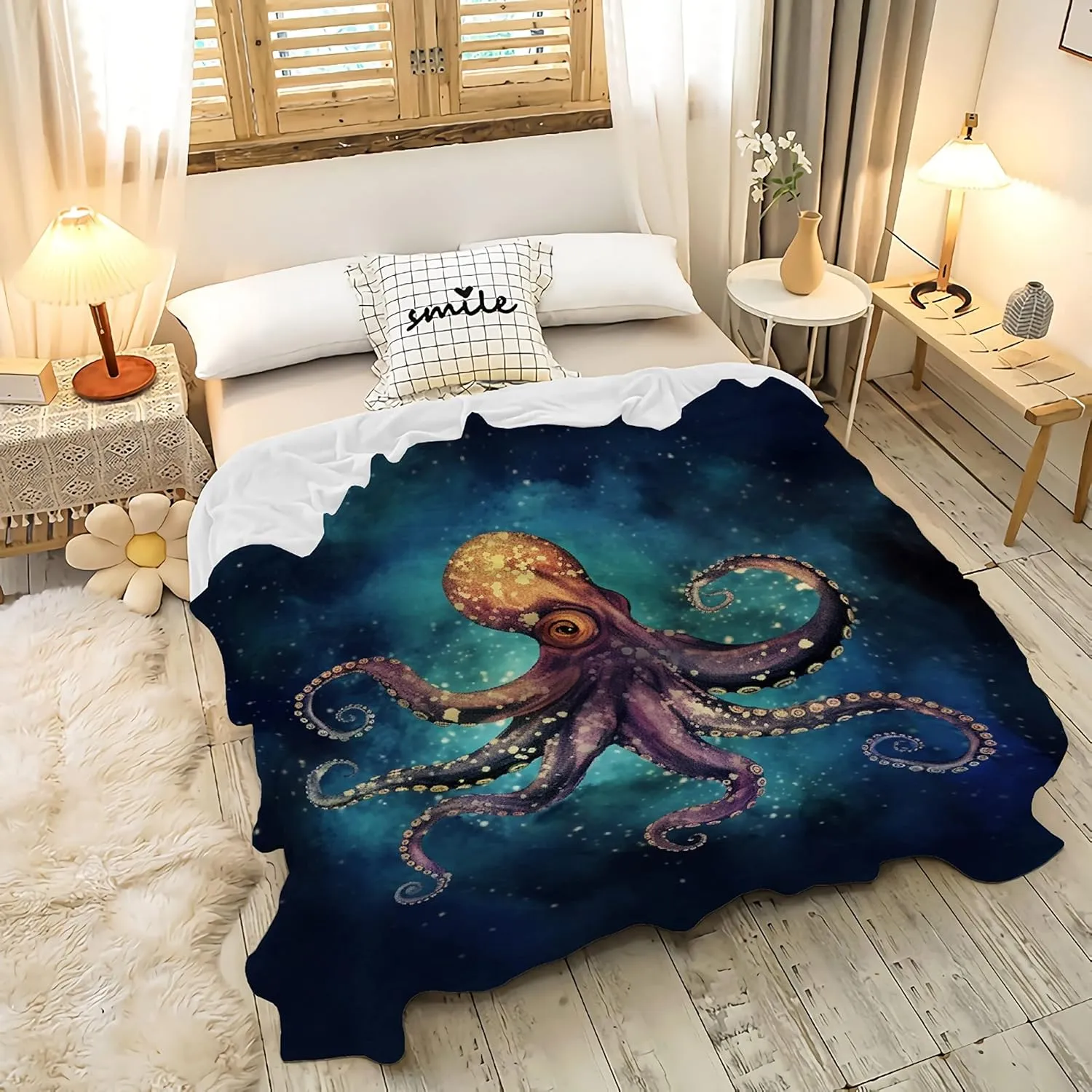 Octopus Fleece Throw Blanket Lightweight Super Soft Flannel Bed Blanket Perfect Home Decor for Couch Chair Sofa Living Room 50"X40" Small