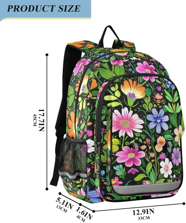 ODAWA Cute Floral Flowers Leaves Bags for School Book Bags for Teens Kindergarten Sturdy Kids Backpack Ages 6-12