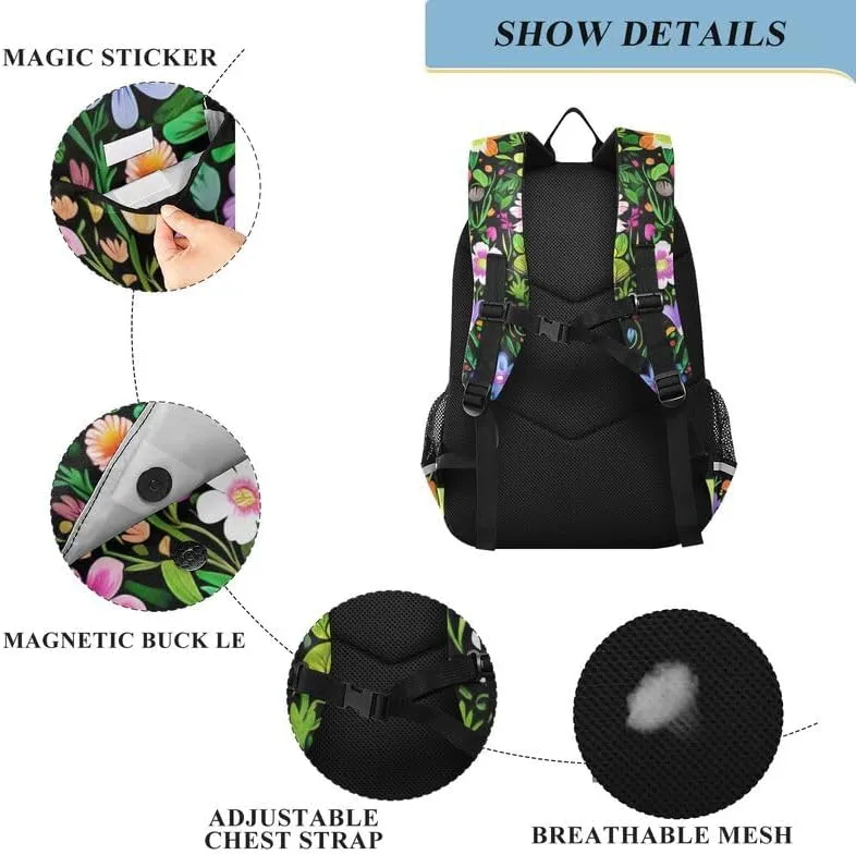 ODAWA Cute Floral Flowers Leaves Bags for School Book Bags for Teens Kindergarten Sturdy Kids Backpack Ages 6-12