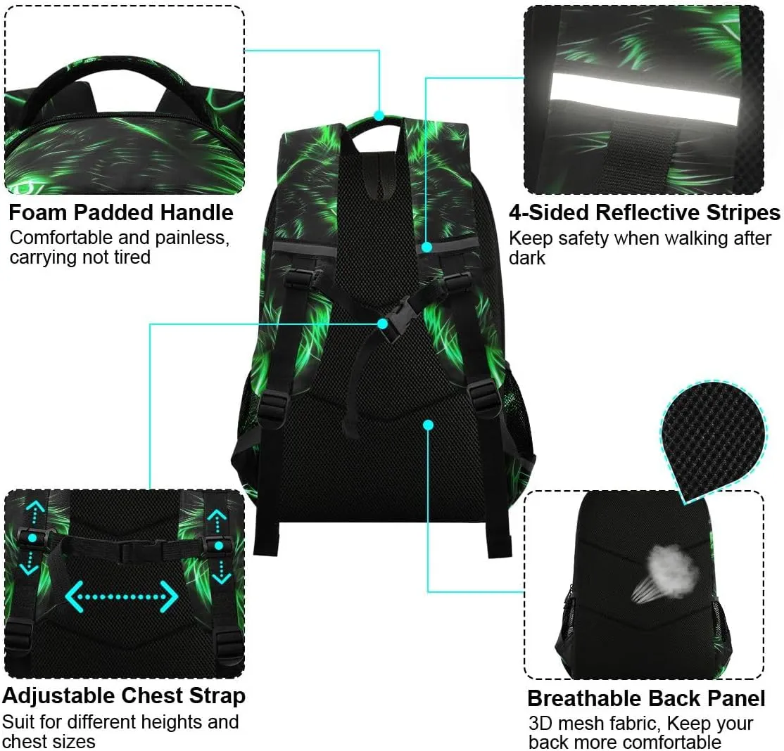ODAWA Green Neon Wolf School Backpack for Boys Girls Elementary Bookbag Travel Bag Casual Rucksack