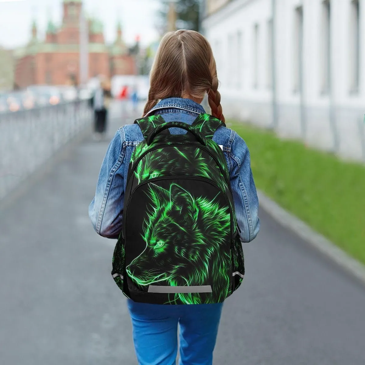 ODAWA Green Neon Wolf School Backpack for Boys Girls Elementary Bookbag Travel Bag Casual Rucksack
