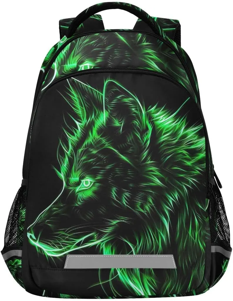 ODAWA Green Neon Wolf School Backpack for Boys Girls Elementary Bookbag Travel Bag Casual Rucksack
