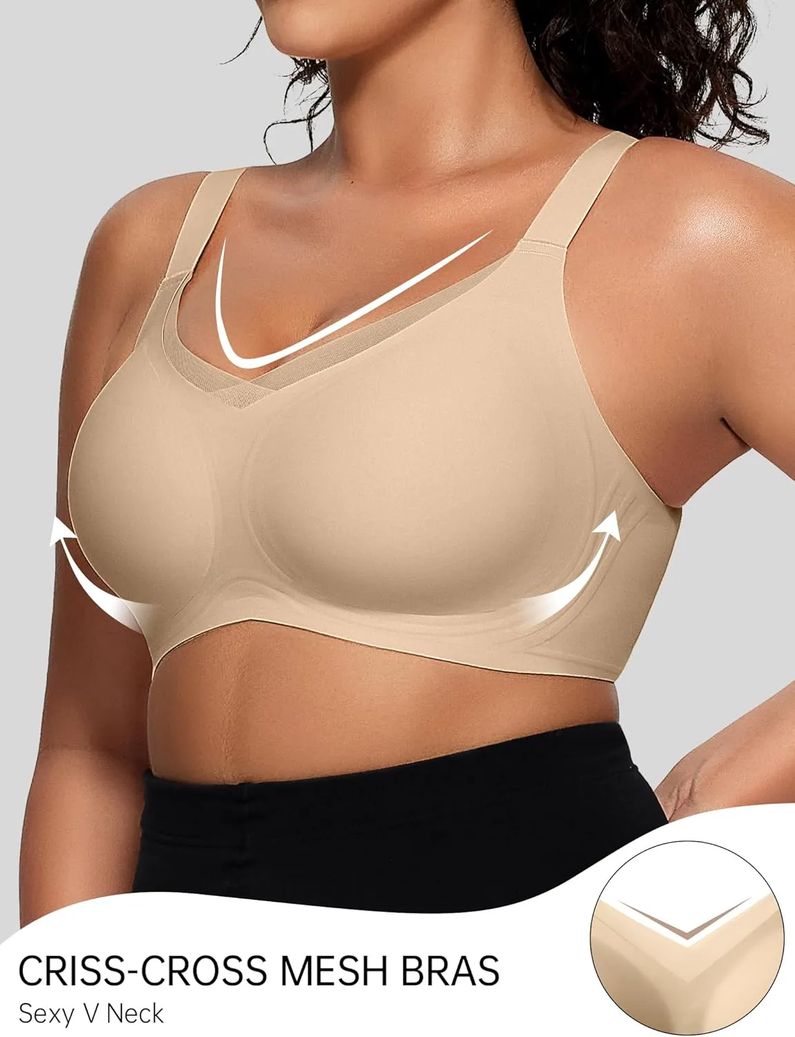 OEAK Womens Wireless Bras V Mesh Comfortable Bralette Supportive Tshirt Bra No Underwire Seamless Push Up Everyday Bras