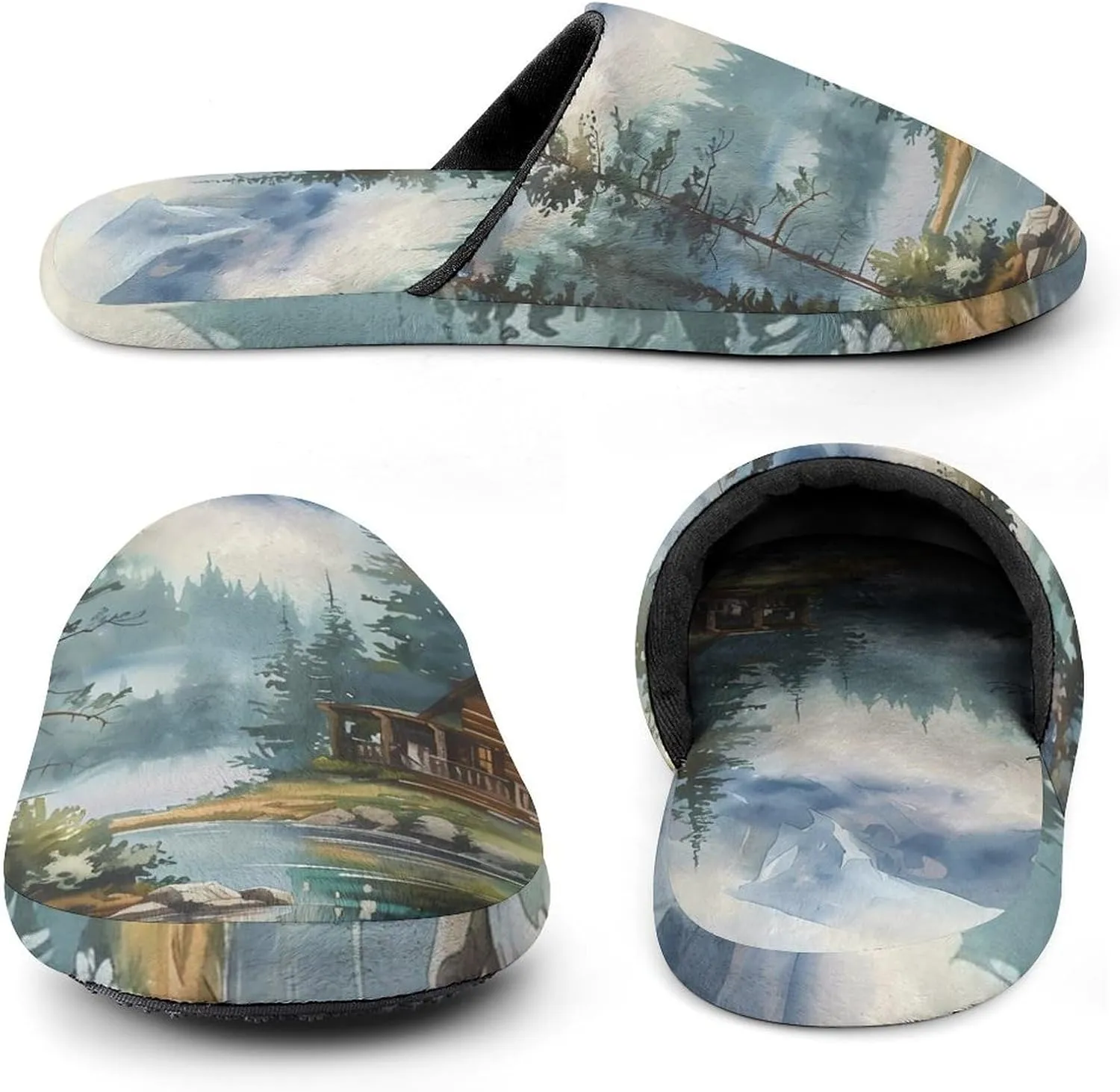 Old Cabin Lakeside Scenery Comfort Mens Flannel Slippers Winter Warm Slip-on House Shoes For Home Office Hotel