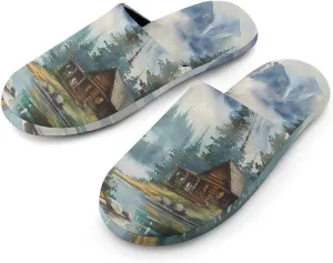 Old Cabin Lakeside Scenery Comfort Mens Flannel Slippers Winter Warm Slip-on House Shoes For Home Office Hotel