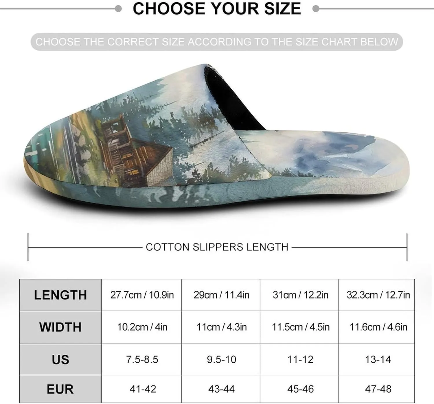 Old Cabin Lakeside Scenery Comfort Mens Flannel Slippers Winter Warm Slip-on House Shoes For Home Office Hotel