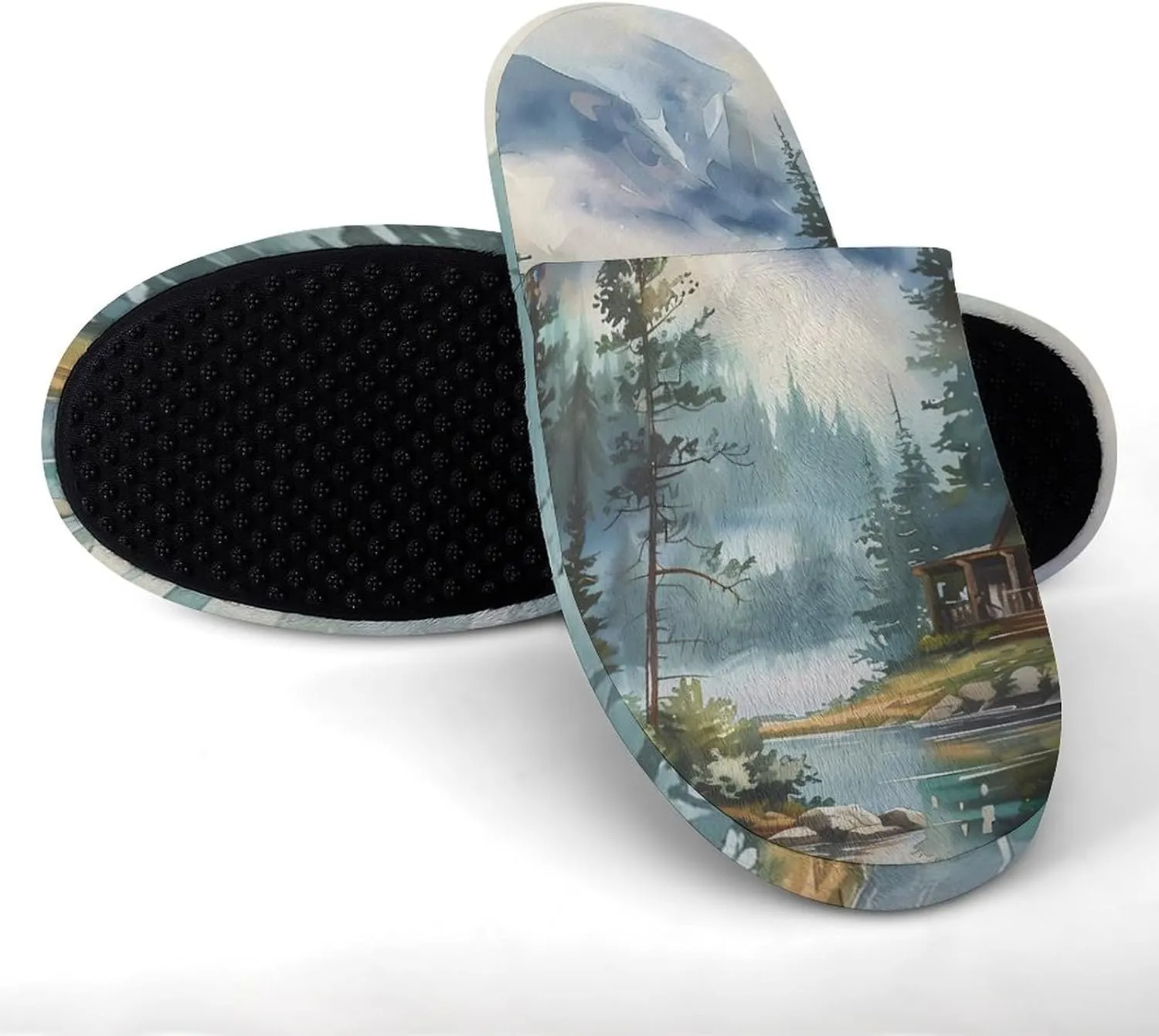 Old Cabin Lakeside Scenery Comfort Mens Flannel Slippers Winter Warm Slip-on House Shoes For Home Office Hotel