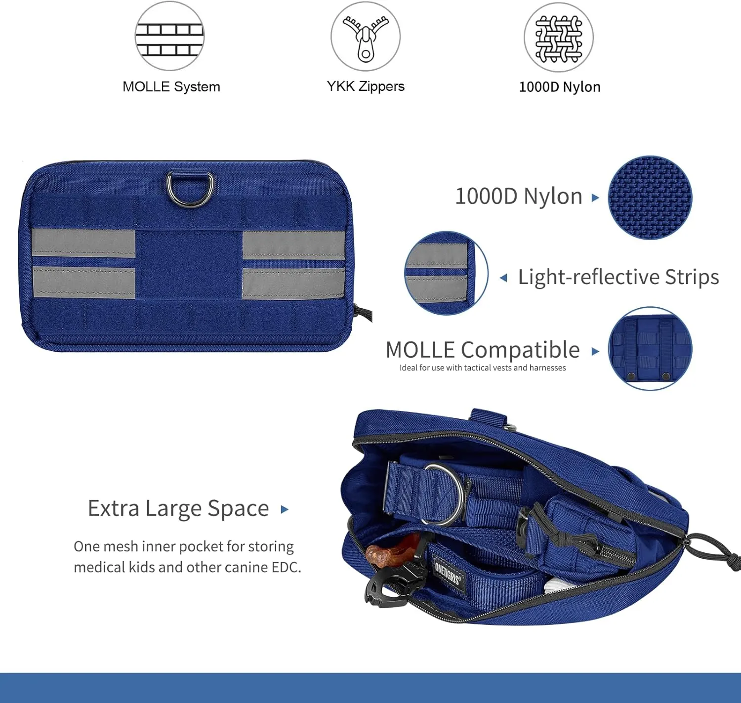 OneTigris Service Dog Harness Molle Saddle Bag, Large Tactical Add-on Pouches for Treats, Poop Bags, Toys Dog Backpack, 9.3”*5” (Blue)
