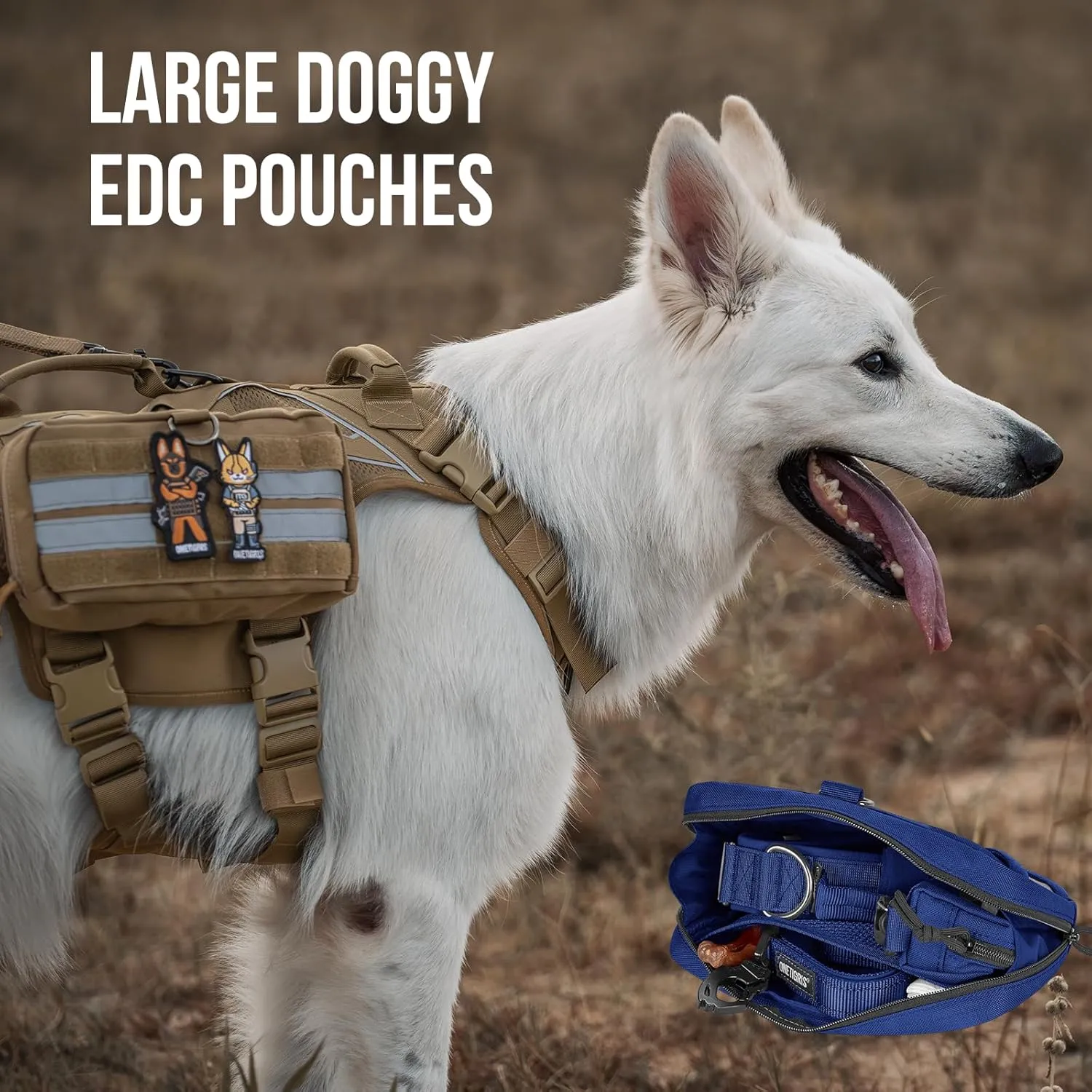 OneTigris Service Dog Harness Molle Saddle Bag, Large Tactical Add-on Pouches for Treats, Poop Bags, Toys Dog Backpack, 9.3”*5” (Blue)