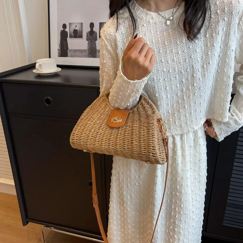 Orgone Summer Beach Woven Tote Bag, Straw Rattan Raffia Bucket Bag, Handmade Basket Handbag