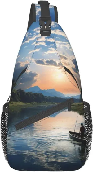 OUSIKA Fishing Scenic Sling Bag Lightweight Chest Bag Crossbody Bag Shoulder Bag Sports Backpack For Women Men, Black, One Size