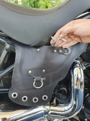 Overdrive Motorcycle Saddle Guard Engine Heat Shield with Tool Storage Pockets, Top Cow Grain Leather, Black color, Universal Fit (Gen 2)