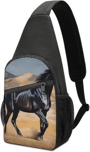 Oxford Crossbody Sling Bag Black Arabian Horse Printed For Men Women with Heat Transfer Multi-Purpose Chest Bag for Sports & Travel Hiking Daypacks
