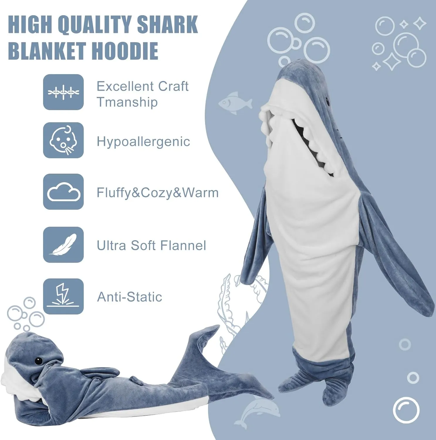 PADTIC Wearable Shark Blanket,Shark Blanket Hoodie Onesie,Soft Cozy Flannel Shark Blanket,Shark Sleeping Bag,Cartoon Wearable Blanket Shark Costume for Adult/Kids(2XL(for 64.9-76.7 Inch Height))