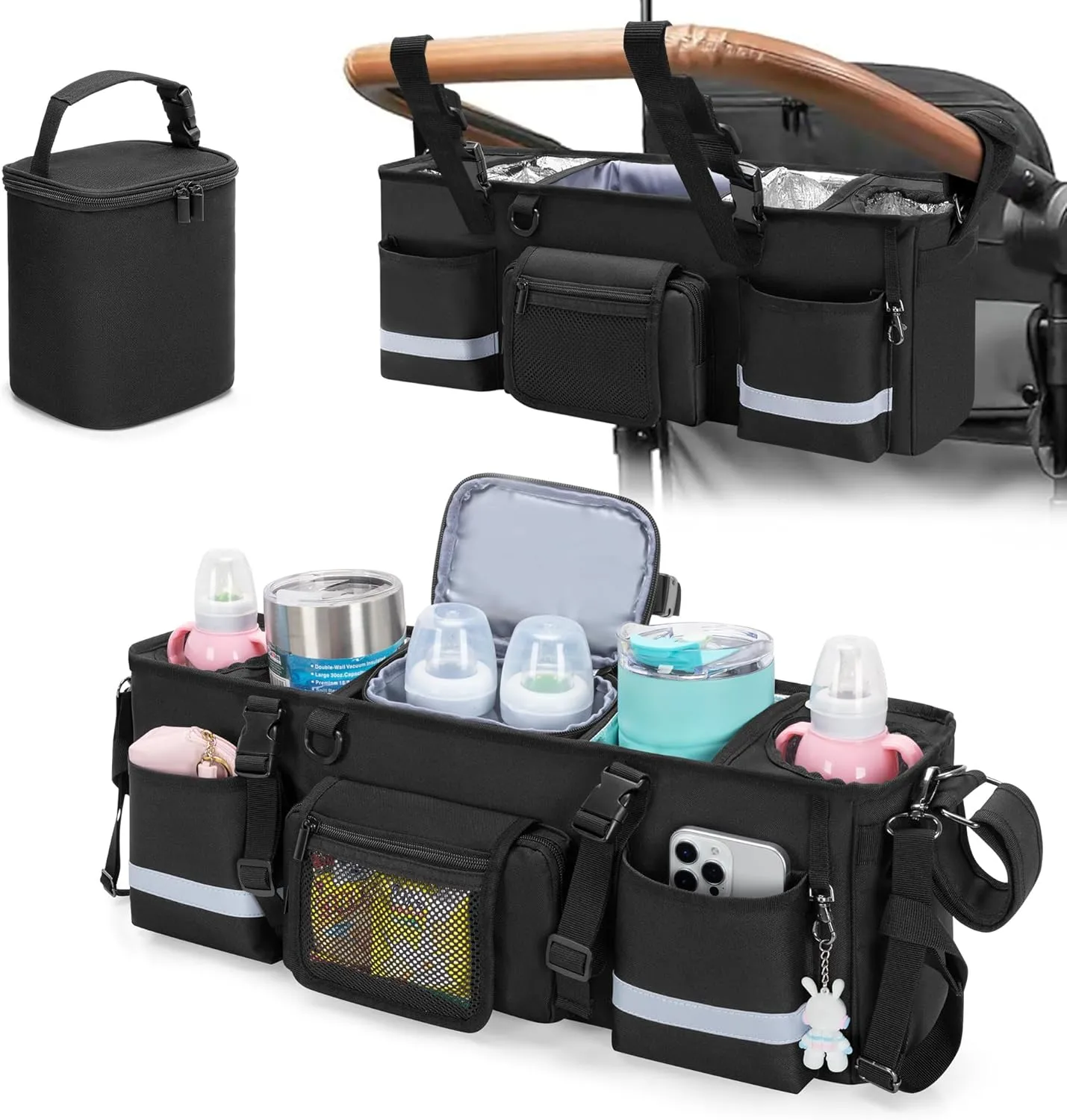 Parent Console Stroller Organizer Compatible with WONDERFOLD W4, with Four Insulated Cup Holders, a Removable Cooler Bag, Special Board Design Make It Not Easy Collapse and Tilting, Black
