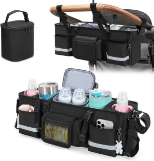 Parent Console Stroller Organizer Compatible with WONDERFOLD W4, with Four Insulated Cup Holders, a Removable Cooler Bag, Special Board Design Make It Not Easy Collapse and Tilting, Black