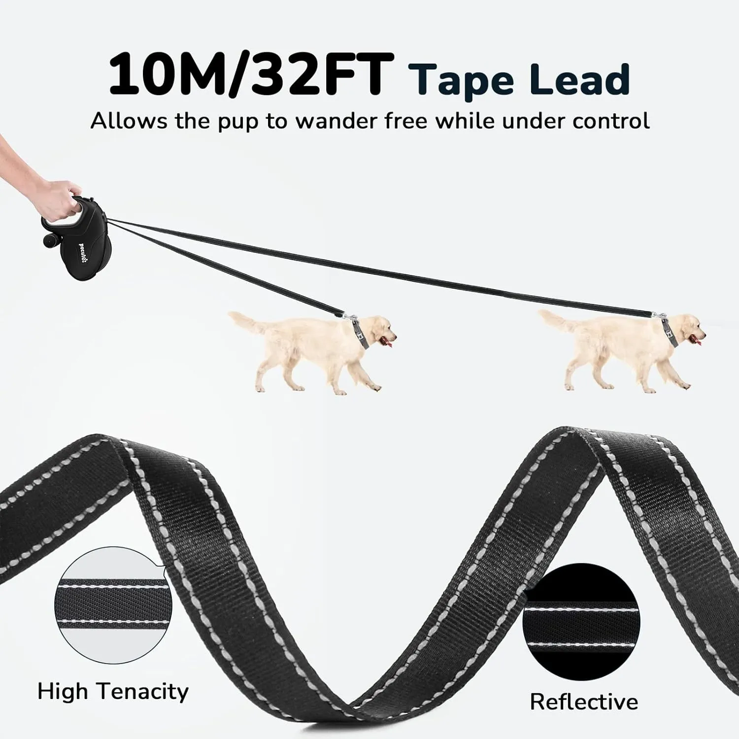 Pecute 32ft Retractable Dog Leash with Reflective Strips, 360° Tangle-Free, One-Button Control & Sturdiness Nylon Material, Long Leash Retractable with Poop Bag Holder for Medium Large Dog