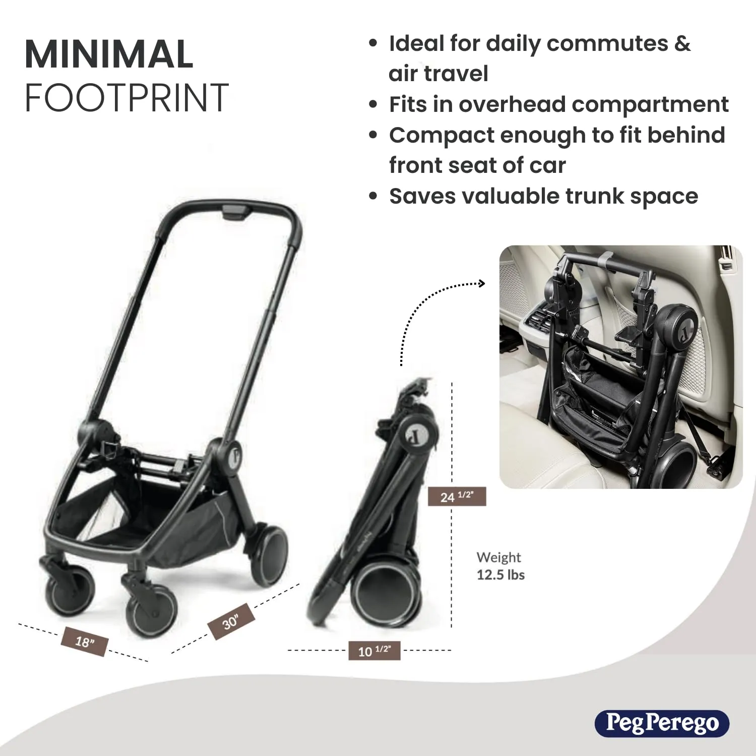 Peg Perego City Loop Seat & Frame Combo –True Black | Compact Travel System from Infant to Toddler | Air Travel Friendly | Compatible with All Primo Viaggio Infant Car Seats