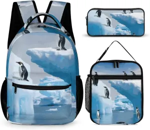 Penguins On The Iceberg Backpack for Women Men Lightweight Waterproof Backpack Set With Lunch Box Pencil Case Travel Laptop Backpack Casual Daypacks