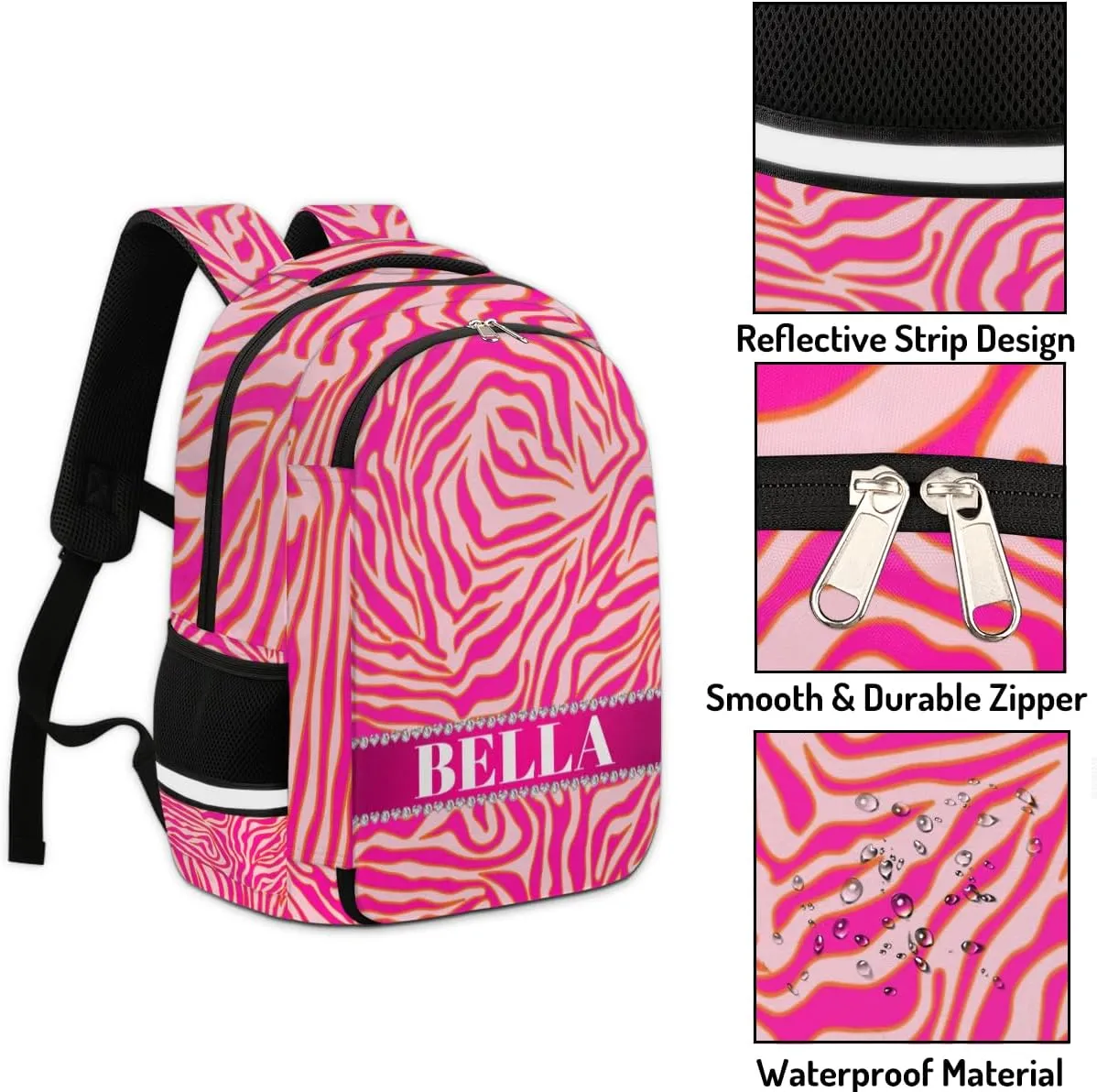 Personalized Kids Backpack Custom Backpack Schoolbag Children Bookbag for Boys & Girls Zebra Stripes Pink