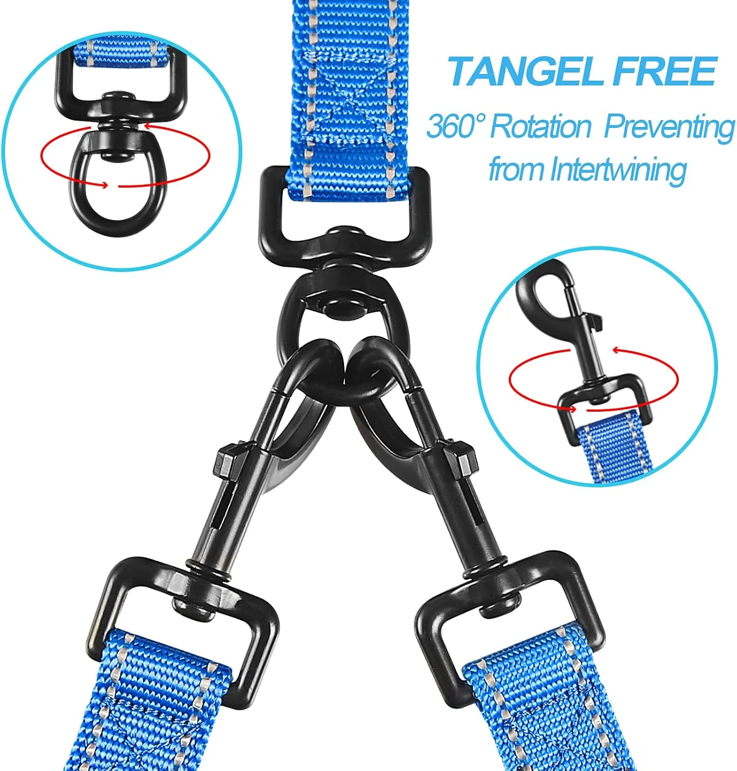 PetBonus Double Dog Leash, No Tangle Dual Dog Leash, Reflective Walking Training Leash, 4 Comfortable Padded Handles for 2 Dogs with Collapsible Bowl and Waste Bags (Blue, Large)