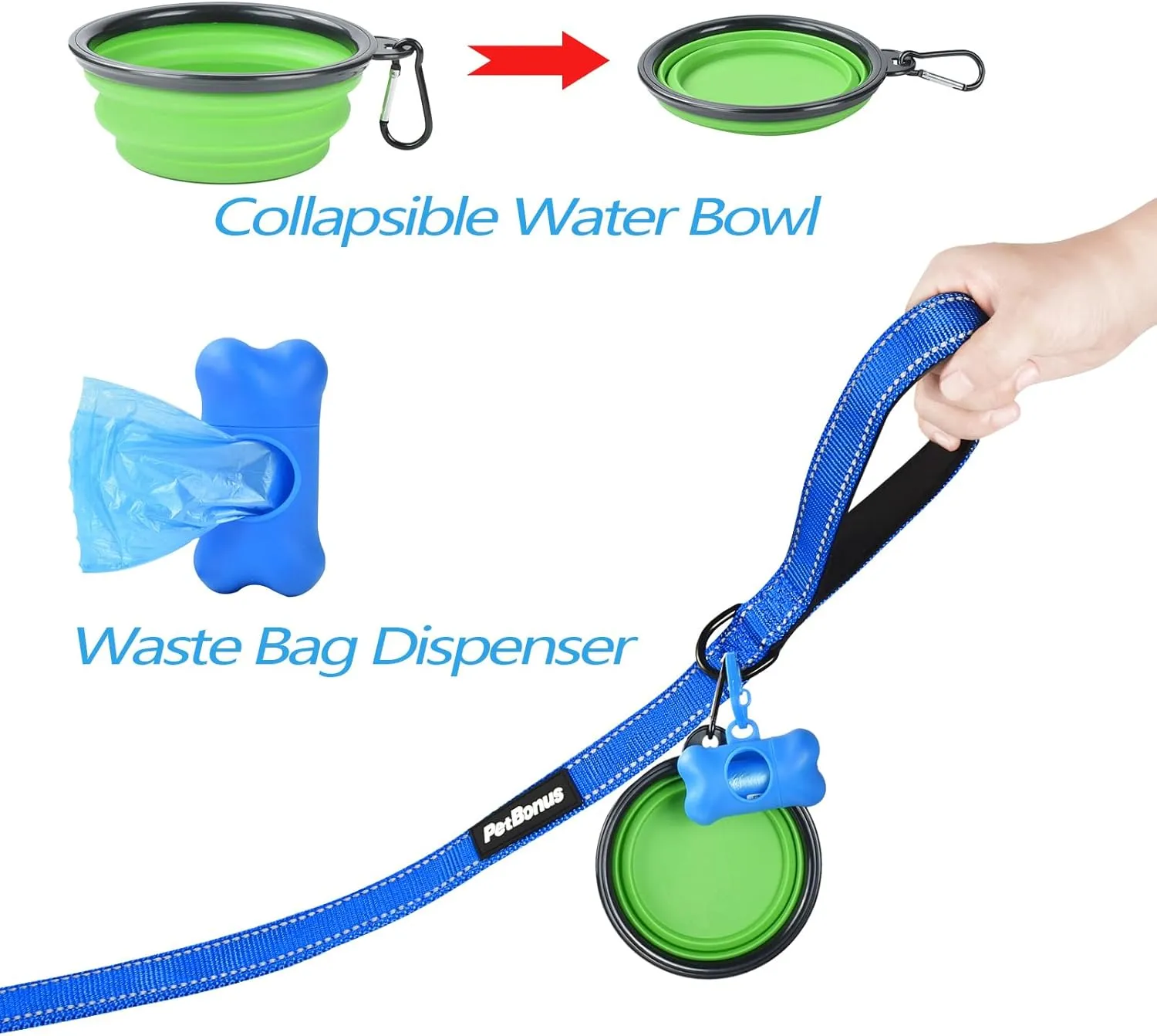 PetBonus Double Dog Leash, No Tangle Dual Dog Leash, Reflective Walking Training Leash, 4 Comfortable Padded Handles for 2 Dogs with Collapsible Bowl and Waste Bags (Blue, Large)