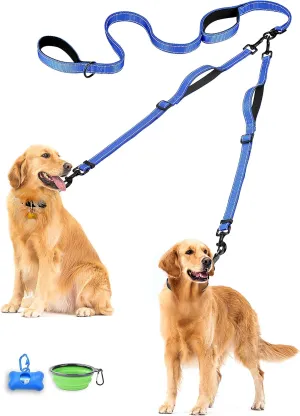 PetBonus Double Dog Leash, No Tangle Dual Dog Leash, Reflective Walking Training Leash, 4 Comfortable Padded Handles for 2 Dogs with Collapsible Bowl and Waste Bags (Blue, Large)