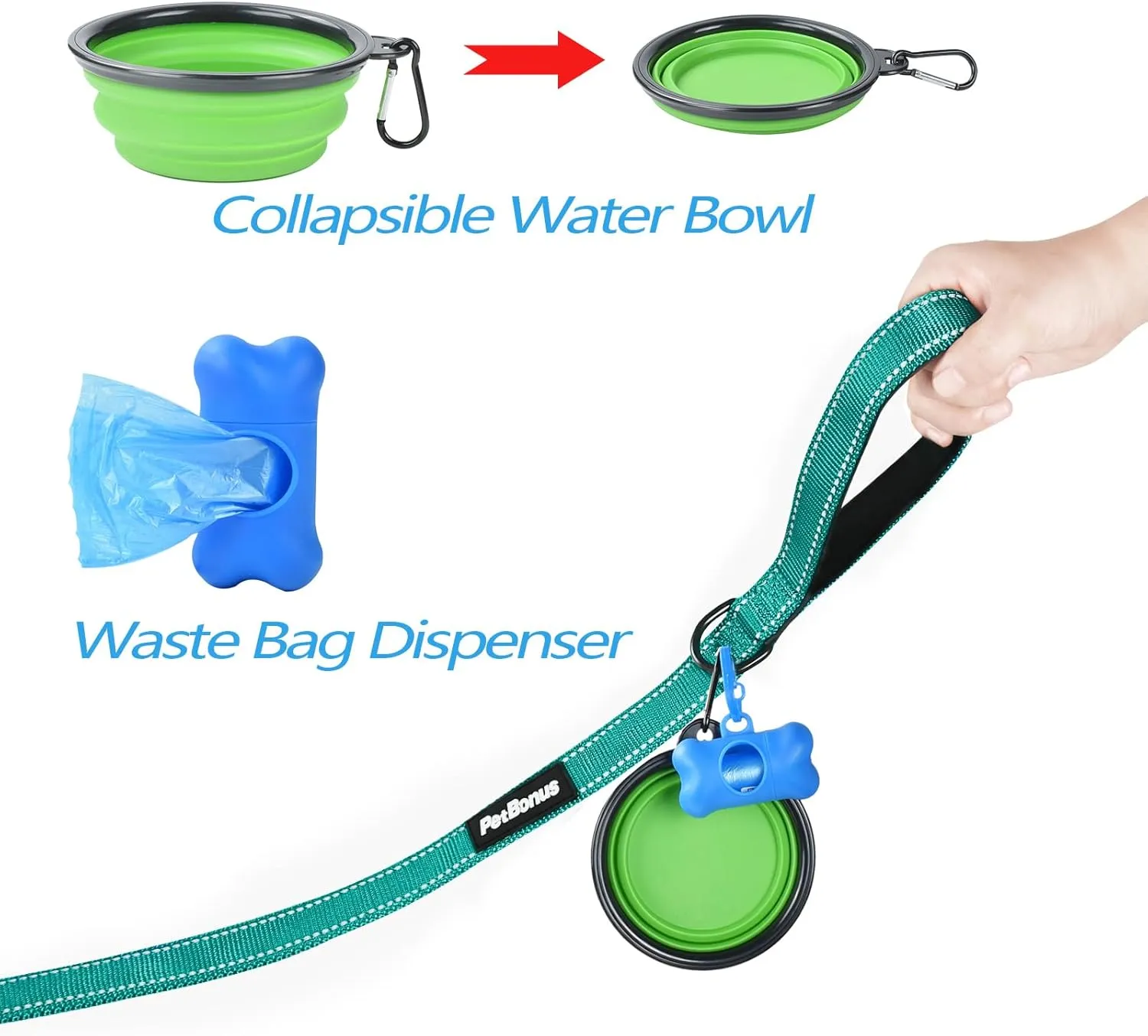 PetBonus Double Dog Leash, No Tangle Dual Dog Leash, Reflective Walking Training Leash, 4 Comfortable Padded Handles for 2 Dogs with Collapsible Bowl and Waste Bags (Turquoise, Large)