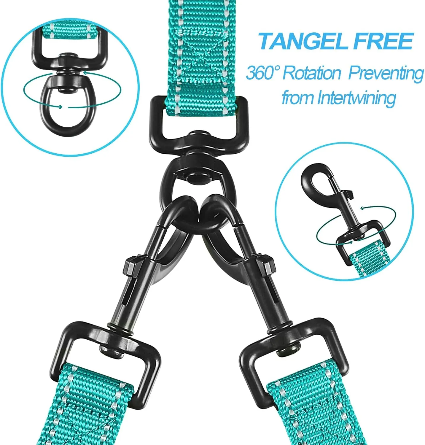 PetBonus Double Dog Leash, No Tangle Dual Dog Leash, Reflective Walking Training Leash, 4 Comfortable Padded Handles for 2 Dogs with Collapsible Bowl and Waste Bags (Turquoise, Large)