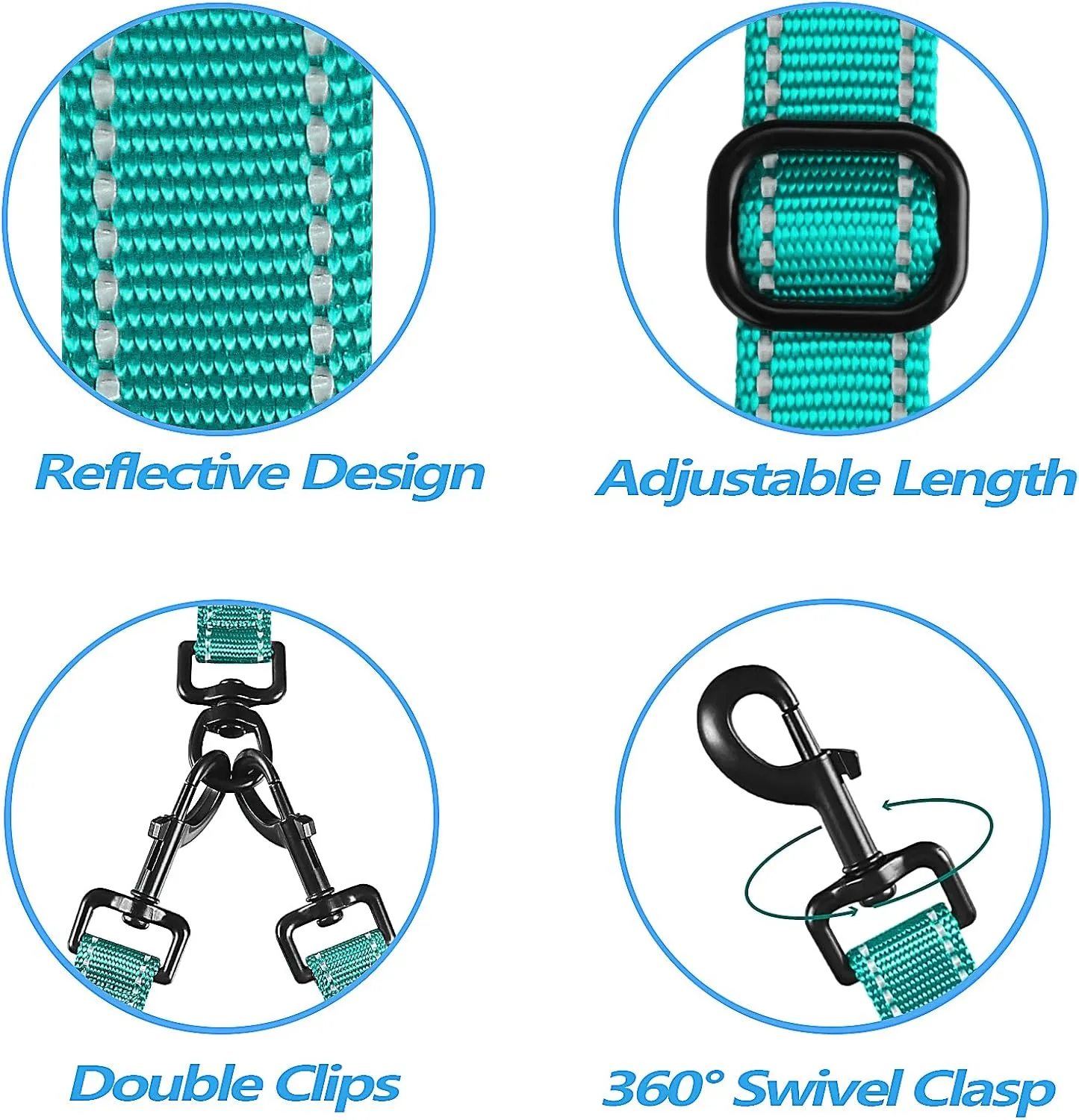 PetBonus Double Dog Leash, No Tangle Dual Dog Leash, Reflective Walking Training Leash, 4 Comfortable Padded Handles for 2 Dogs with Collapsible Bowl and Waste Bags (Turquoise, Large)
