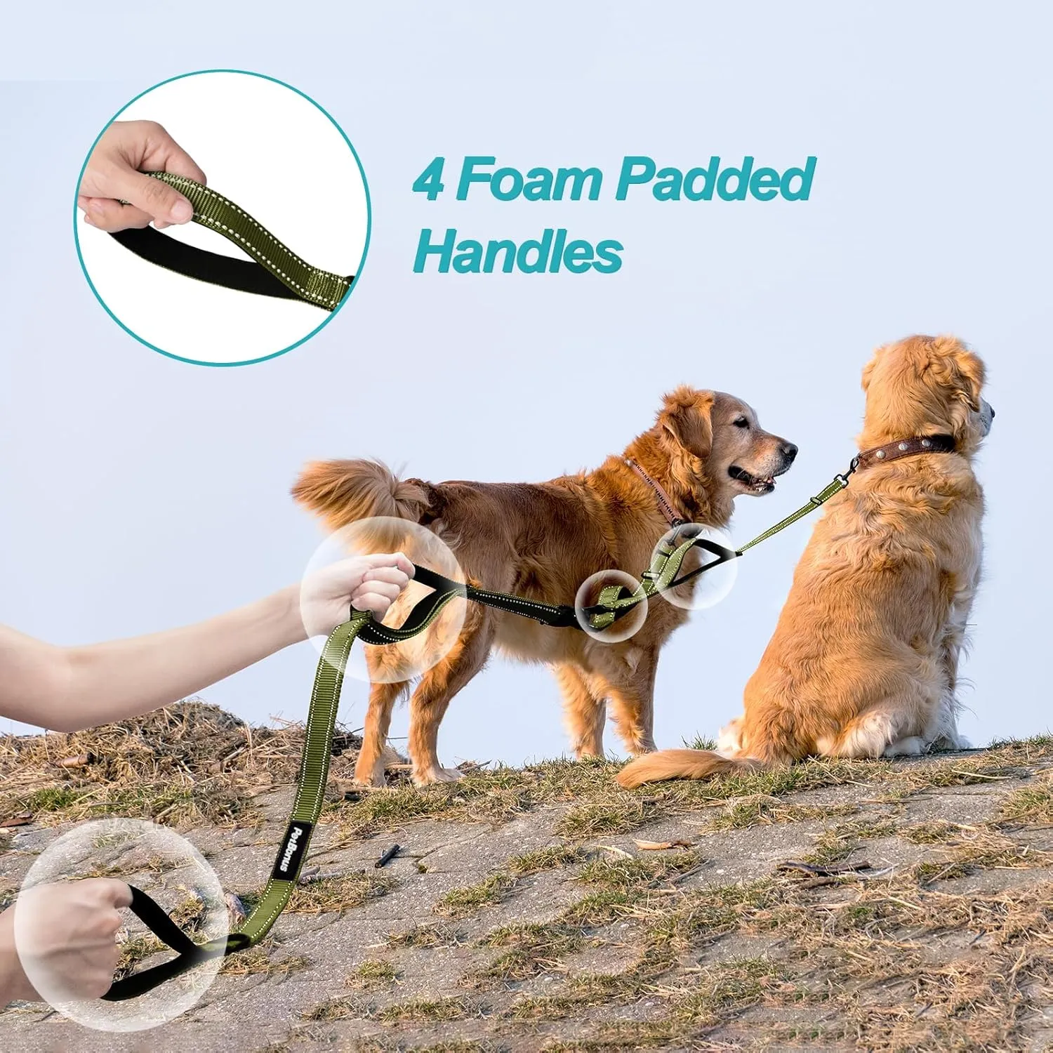 PetBonus Double Dog Leash, No Tangle Dual Leash, Reflective Walking Training Lead, 4 Comfortable Padded Handles for 2 Dogs with Collapsible Bowl and Waste Bags (Army Green, Large)